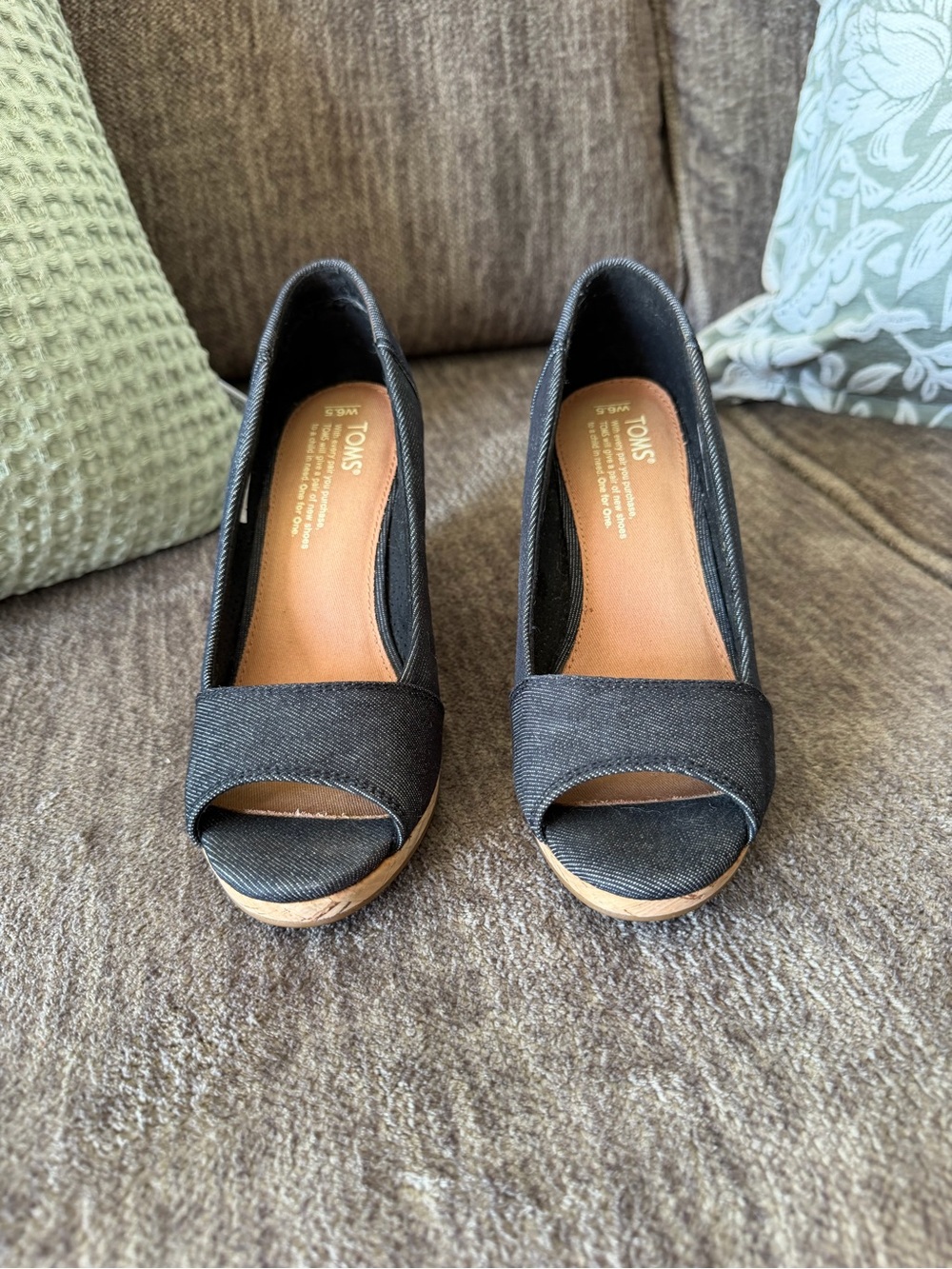 TOMS Denim Canvas Peep-Toe Wedge Espadrilles